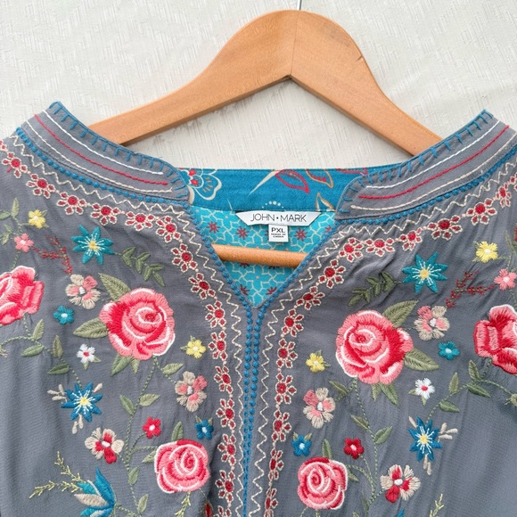 John Mark Embroidered Y-Neck Tunic with Mixed Prints Rayon Blend Multicolor PXL - Picture 3 of 6